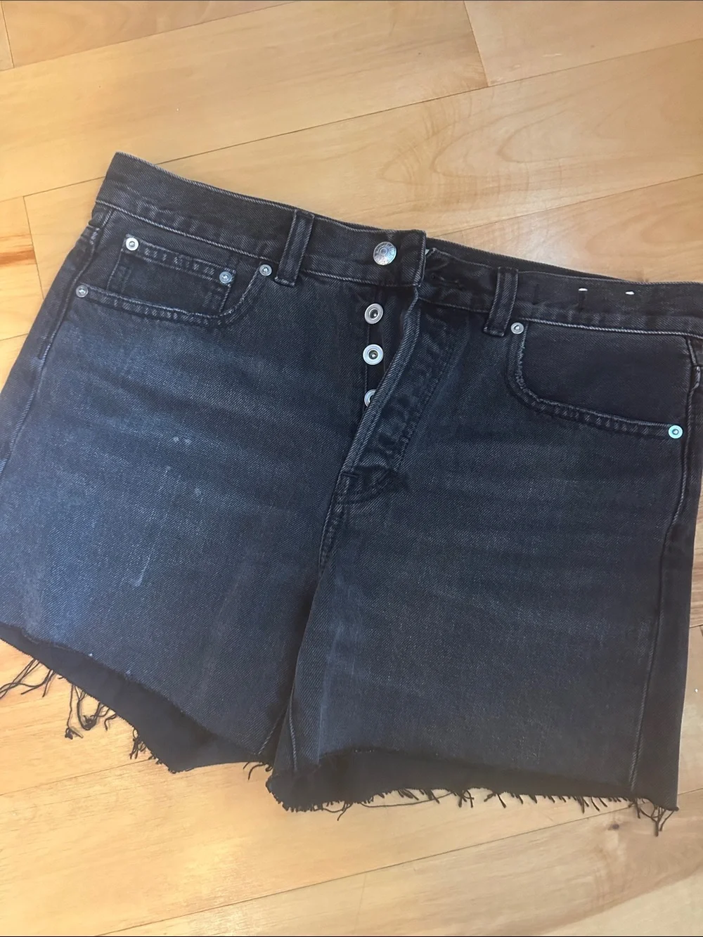 Madewell Black Frayed Hem Button-Fly Denim Shorts the “Brynn” long short